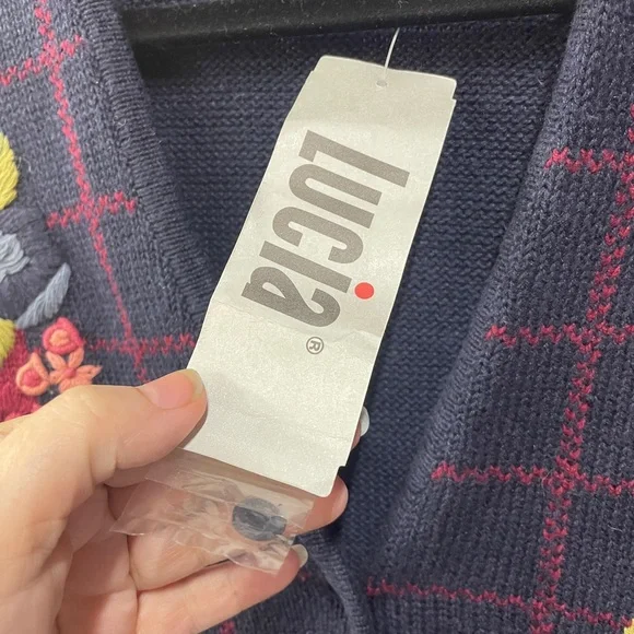 Lucia Floral Embroidered Vintage New Plaid Cottagecore Navy size M Sweater Vest - Picture 4 of 8